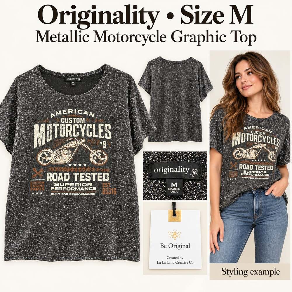 NWT Originality Metallic Motorcycle Graphic Top Medium Black Silver Made in USA